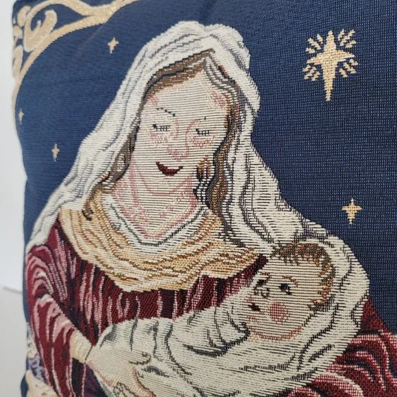 Riverdale Decorative Tapestry Throw Pillow Baby Jesus Mary Blue 13 in