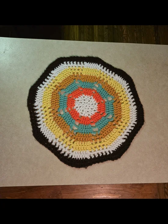 Hand-Crocheted Round Doily in Yellow, Teal, Orange & White