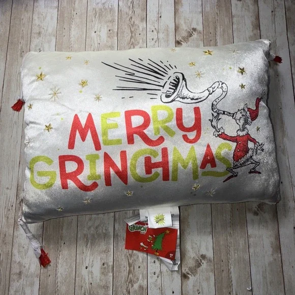 New Merry Grinchmas Dr Seuss‎ Grinch Throw Pillow Red Tassels 17