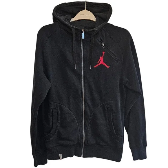 Jordan Nike Rare Vintage Full Zip Hoodie Sweatshirt Red Jumpman Logo Black Small