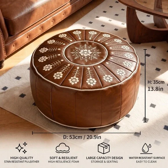 NWT Round Faux Leather Pouf Cover Ottoman Cover Brown 21in Storage Pouf