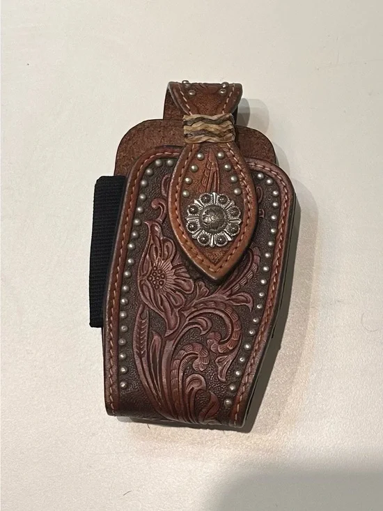 Tooled Brown Leather Western Belt Holster with Floral Design