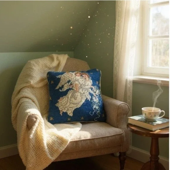 Christmas Pillow Vintage Blue Wool Needlepoint Angels‎ Holiday 10 Inch