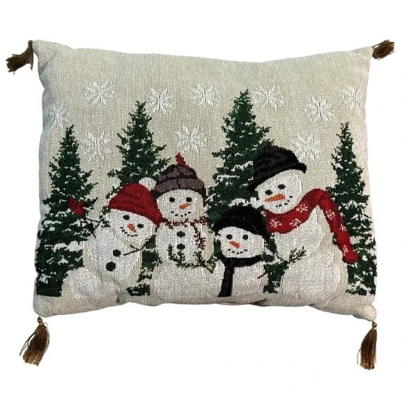 Christmas Snowmen Family Throw Pillow Tapestry Tassels Holiday Decor Snowflakes
