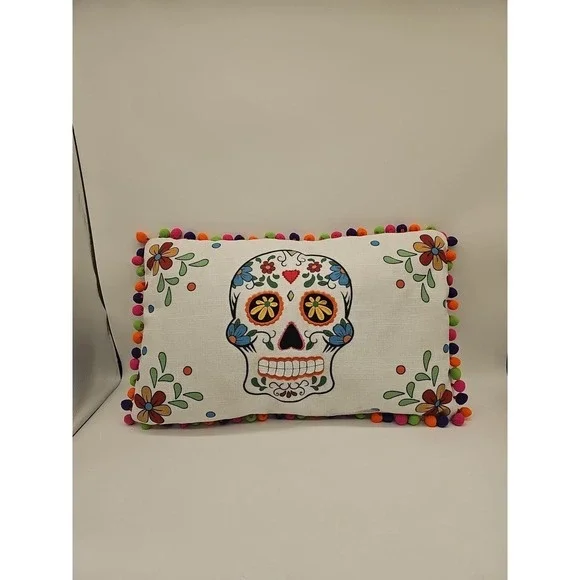 Day Of The Dead Poly Filled Pillow Sugar Skulls. Rectangular Long‎ Smoke Free Ho
