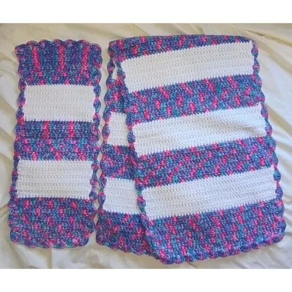 (2) Vintage Hand Crocheted Table Runners Scarves Variegated Purple Blue Pink