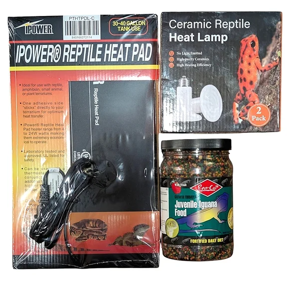 Reptile Heat Pad, Lamp and Juvenile Iguana Food Set