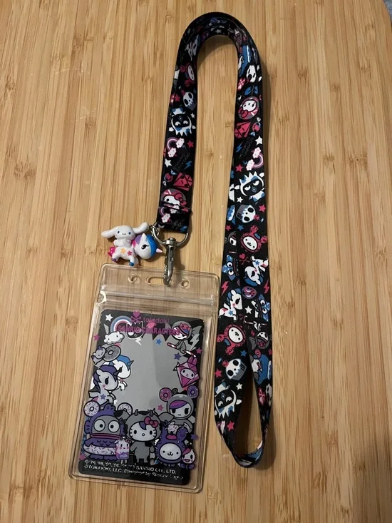 Sanrio Black Pink Blue Character Lanyard with Charm and Badge Holder