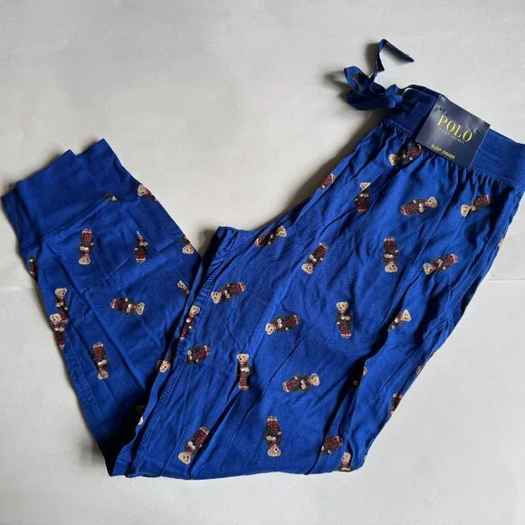 NWT Polo Ralph Lauren Bear Knit Jogger Pajama Lounge Pants Rugby Royal