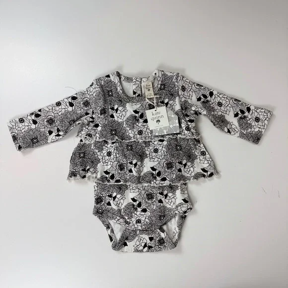Kate Quinn 12-18M Organic Cotton Floral Ruffle Long Sleeve Bodysuit Black White