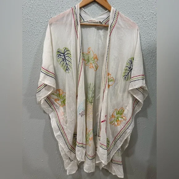Soft Surroundings Tropical Bird Leaf Embroidered Kimono Cover Up in white/beige