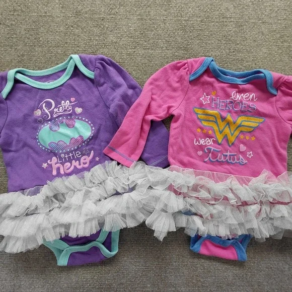 Baby Girl Size 6/9 Month Batman Super Woman Hero Tutu Bodysuit Set Pink Purple