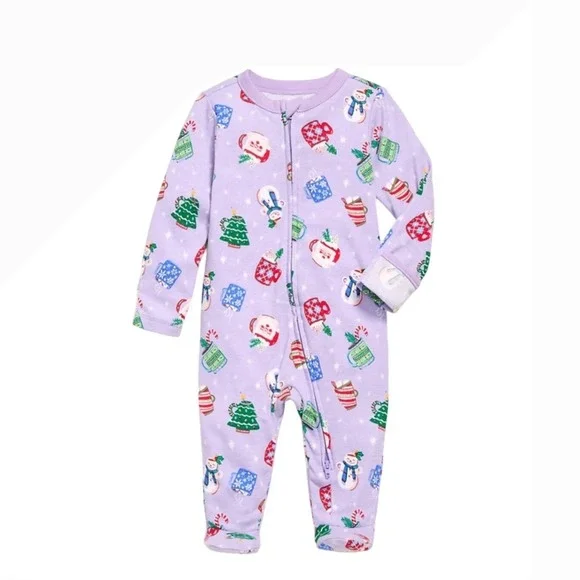 Old Navy Baby Purple Christmas Hot Cocoa Snowman 2-Way Zip Footed Sleeper 3-6M