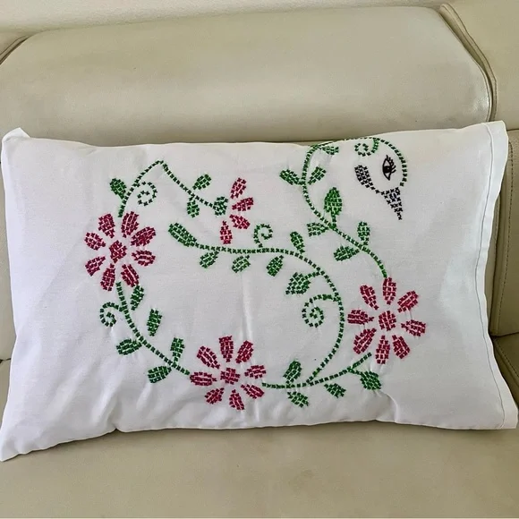 Embroidered Floral White Pillow 17/25 inches
