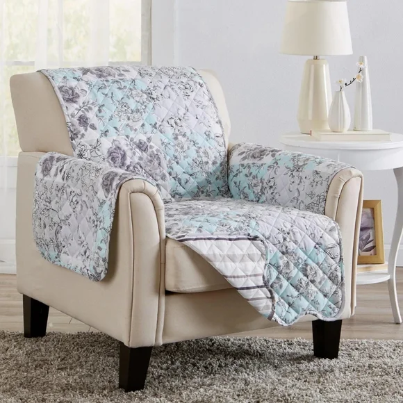 Maribel Collection NWT Reversible Floral Quilt Furniture Protector In Grey/Blue