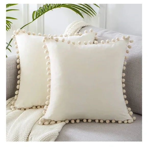 Cream Pom Pom Throw Pillows