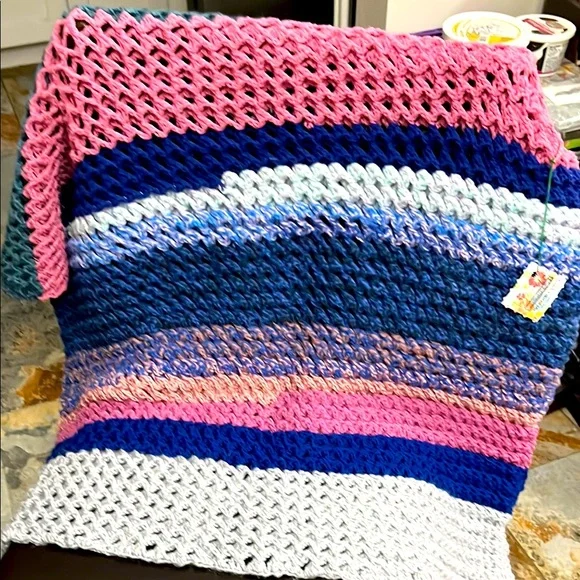 New, Handmade by Me, Colorful Crocheted Baby Blanket, Heavy, 3D Wave Stich