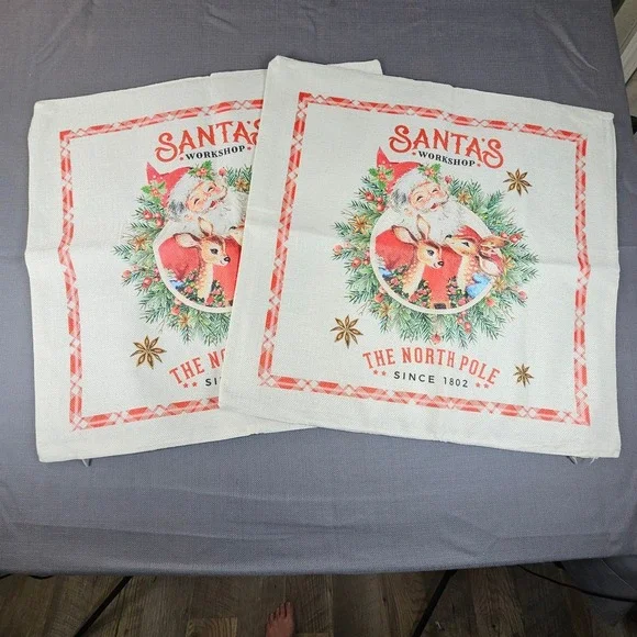 Santa's Workshop burlap Pillow Covers (2) The North Pole Christmas Holiday Decor