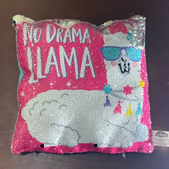 No Drama Llama Sequin Flip Pillow – Pink & Silver – 8.5” × 8.5” – Like New
