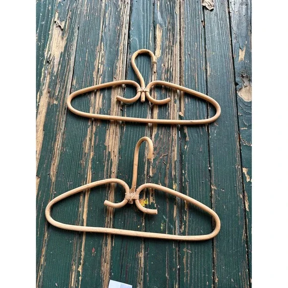Vintage Rattan Wicker Clothes Hangers Set of 2 Boho Bentwood Natural Wood Decor