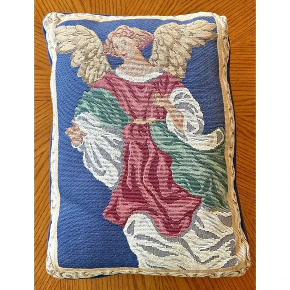 Tapestry Angel Throw Pillow Christmas Holiday Decor Blue Gold Vintage 15