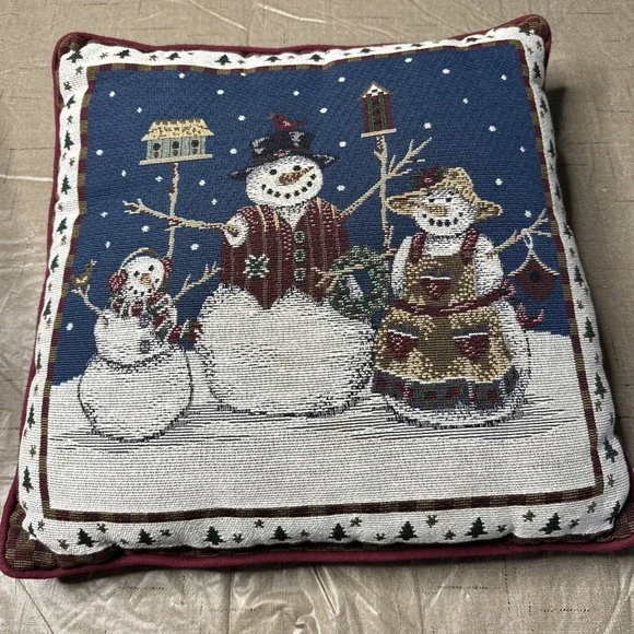 KenTex Tapestry Christmas Pillow Snowmen Birdhouse Made In USA Burgundy Blue