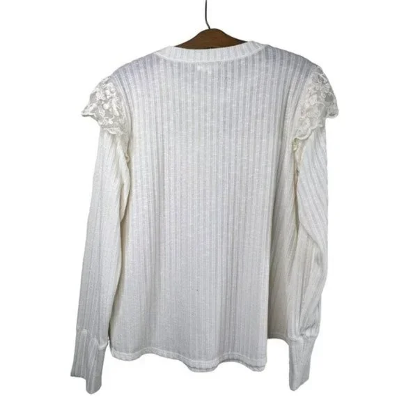 Maurices Ruffle Lace Neck Ribbed Top White Long Sleeve Cozy Casual Women's L