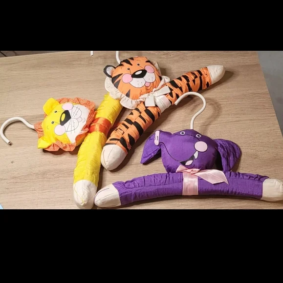 Three Cute Plush Animal Clothes Hangers Lion Tiger Elephant Vintage 60s 70s Mod