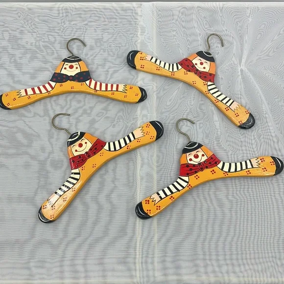 Vintage Children's Happy Clown hand painted wooden Hangers Set of 4