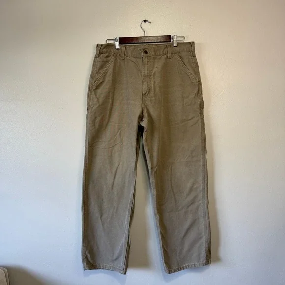 Carhartt Distressed Men Khaki Carpenter‎ Pants Utility 100% Cotton Size 36x30