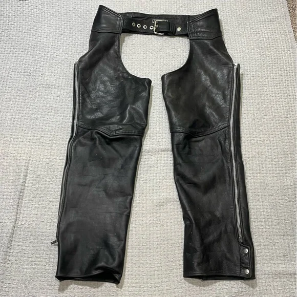 Vintage California Creations Black Leather Chaps Riding Pants Motorcycle Mens L