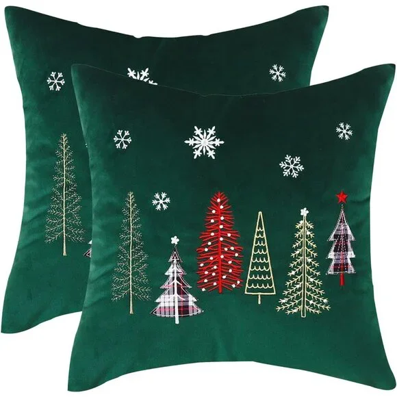 Vivid Green Christmas Pillow Covers, 16x16 Velvet Set of 2, Machine Washable