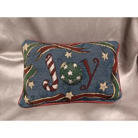 Christmas Holiday Throw Pillow Joy Red Cream Blue Green Rustic Decor 12x8.5
