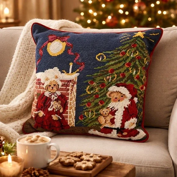 Wool Needlepoint Christmas‎ Teddy Bears Pillow Velvet Back Square