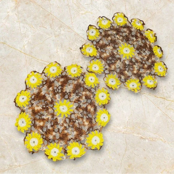 VINTAGE HAND CROCHET DOILY SET Of 2 yellow Brown Beige Floral