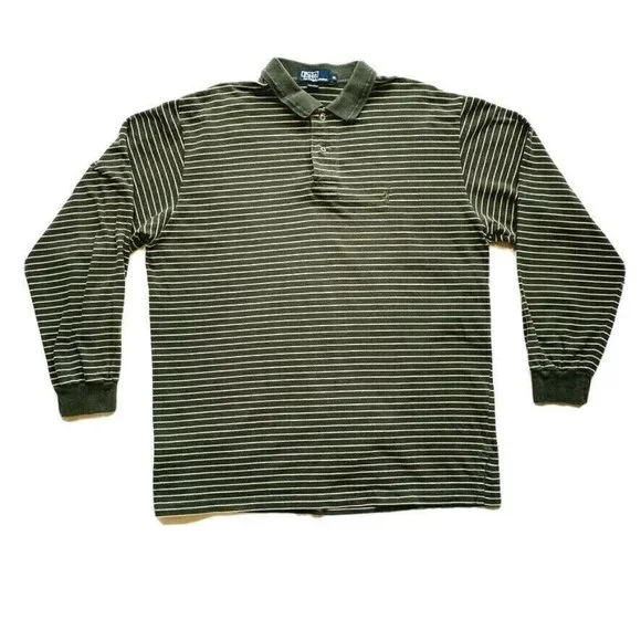 Polo Ralph Lauren Polo Shirt Striped Long Sleeve Cotton‎ Pony Green Thick XL