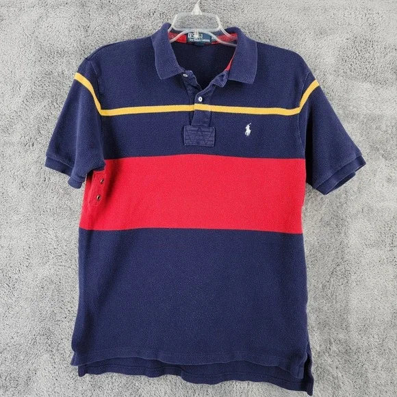 Polo Ralph Lauren Polo Shirt Mens XL Navy Striped Rugby Venting Pony 90s Vintage