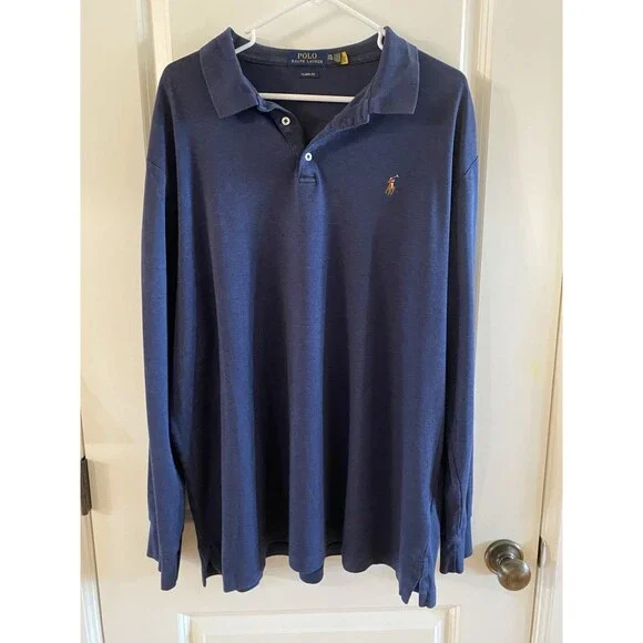 Polo Ralph Lauren Polo Shirt Mens XXL Blue Classic Fit Flesh‎ Pony Long Sleeve