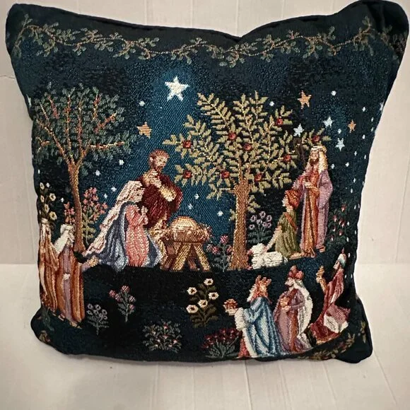 Christmas Nativity Tapestry Throw Pillow Religious Holiday Decor Mary Joseph Wis