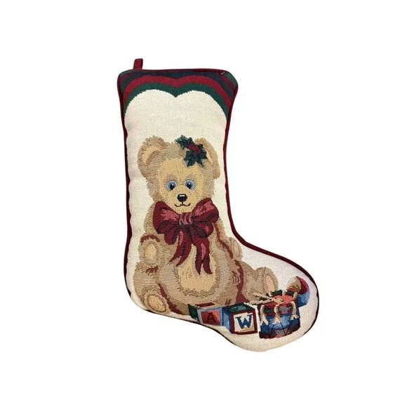 Vintage Christmas Bear Tapestry Stocking Throw Pillow Holiday Decor
