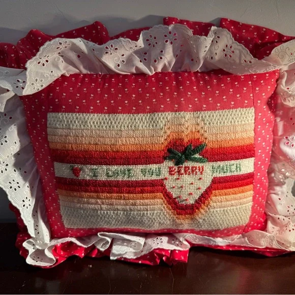 Strawberry Embroidered Pillow cottage core, grannycore handmade raffled