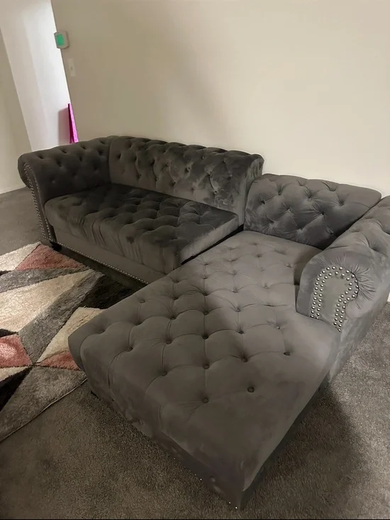 Home Accents Gray Tufted Velvet Sectional Sofa with Nailhead Trim