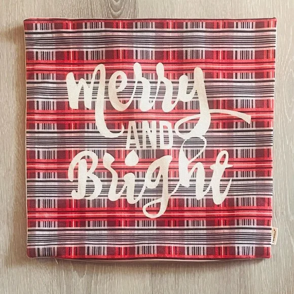 Festive Red Plaid 'Merry and Bright' Pillow Cover
