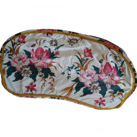Vintage Barc Cloth Cushion Cover Floral Pattern Edged in Gold Fringe