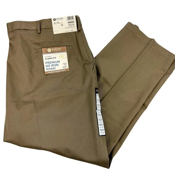 Haggar Pants Mens 44x30 Beige Premium No Iron Khaki Classic Fit Stretch NEW $70