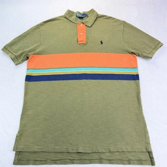 VTG Polo Ralph Lauren Mens L Olive Green Colorblock S/S Polo Preppy (Flaw)