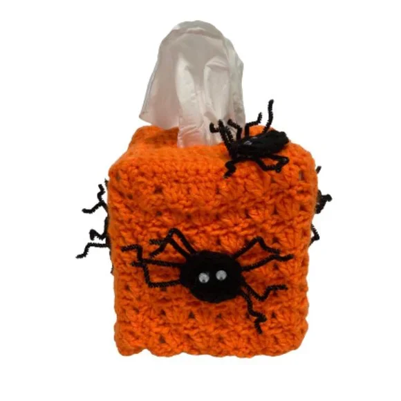 Handmade Granny Tissue Koozie Cover Spiders Orange