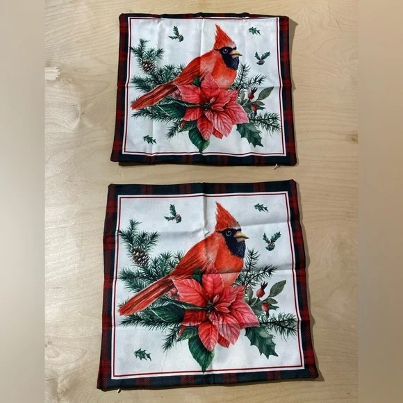 Set of 2 Festive Cardinal Holiday Pillow Covers 17” x 17” - Red and Green (MV)