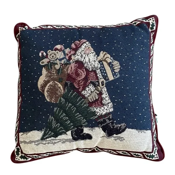 Riverdale Tapestry Throw Pillow 15 x 15 Santa Christmas Tree Cottage Vintage