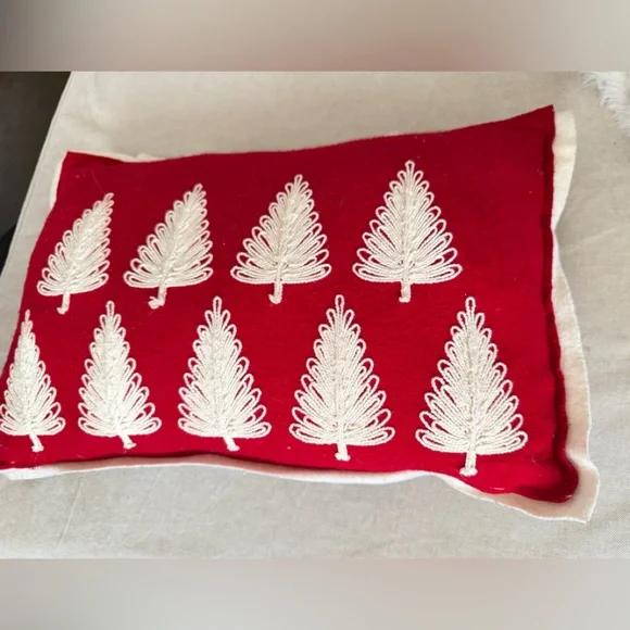 Crate & Barrel lumbar felt Christmas tree forest red & cream lumbar pillow cover